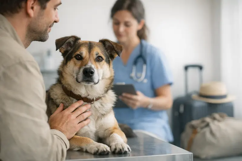 Ein ruhiger Hund sitzt entspannt in einer Tierarztpraxis und wartet auf die Untersuchung.