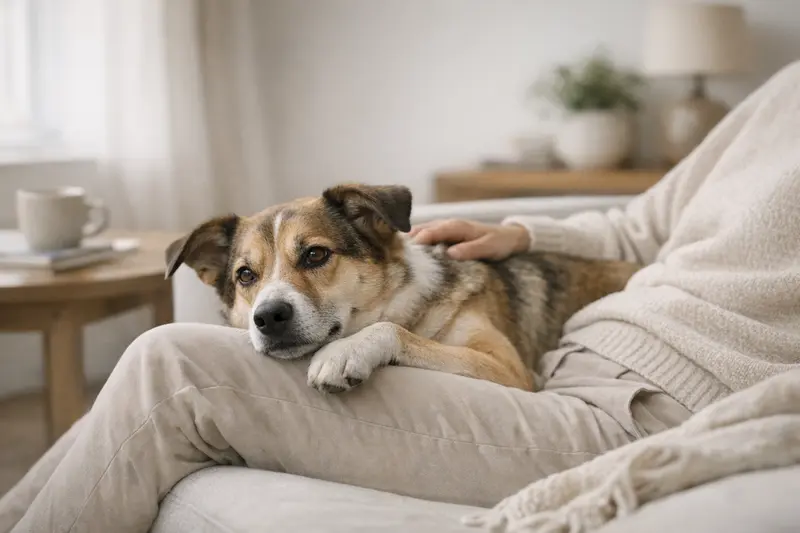 Ein ruhiger Hund und seine Halterin verbringen einen entspannten Moment im Garten.