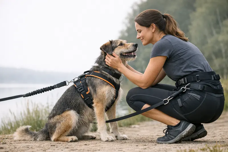 Ein Hund zieht motiviert seinen Halter beim Canicross, während er ein korrekt sitzendes Zuggeschirr trägt.