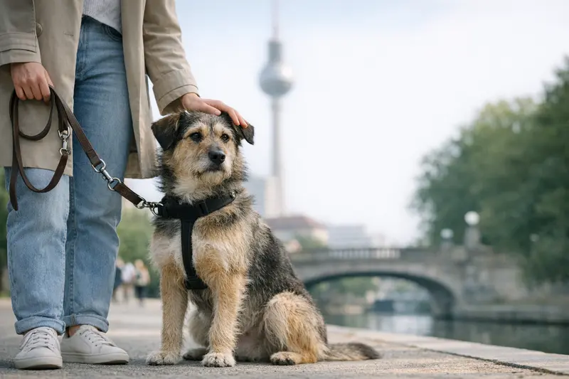 Ein brauner Hund an der Leine in einem Berliner Park, der entspannt mit seinem Halter spaziert.