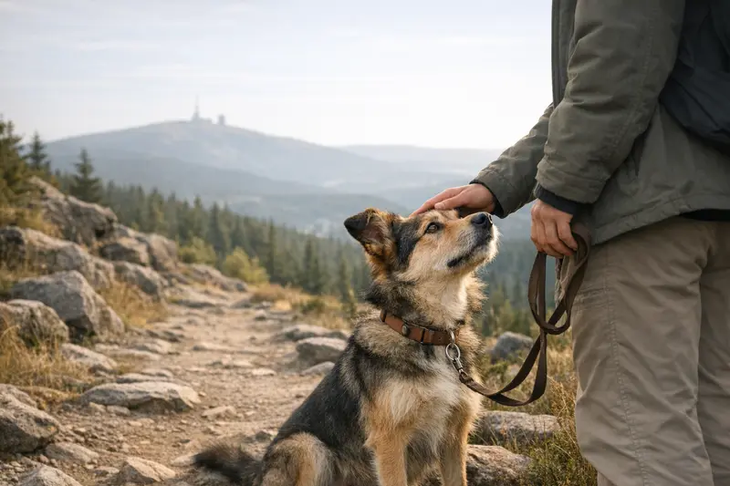 Ein glücklicher Hund wandert auf einem wunderschönen Harz-Wanderweg im Mittelgebirge.