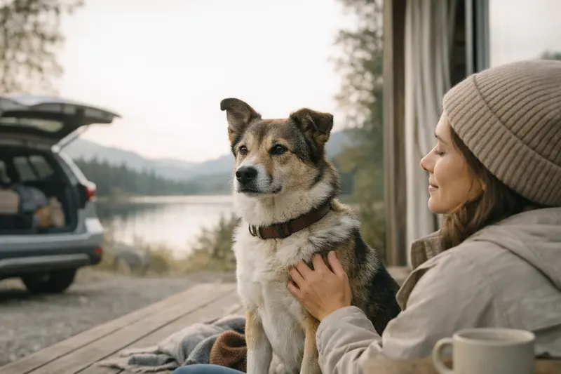 Ein glücklicher Hund sitzt im Auto während einer Reise zu einem schönen Ausflugsziel.