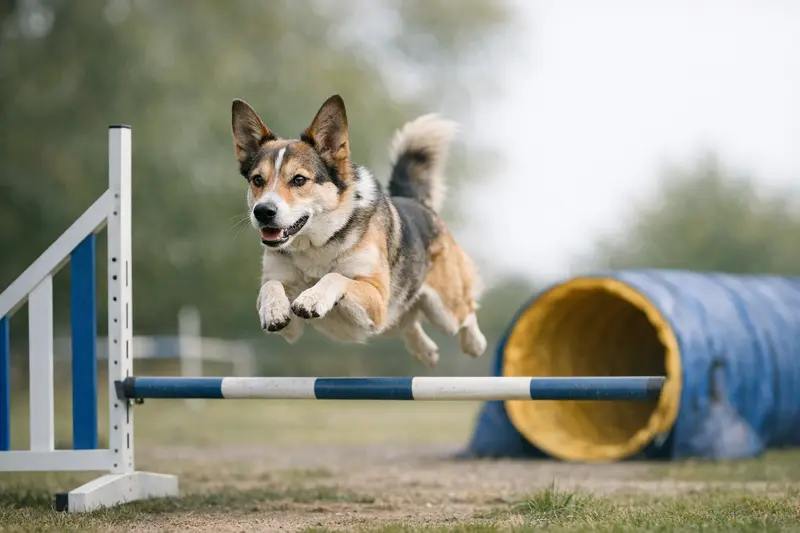 Ein aktiver Hund springt über eine Hürde im Agility-Parcours und zeigt seine sportliche Seite.