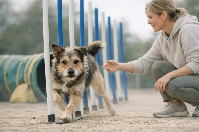 Ein motiverter Hund läuft durch einen Agility-Tunnel und zeigt seine sportliche Fähigkeiten.