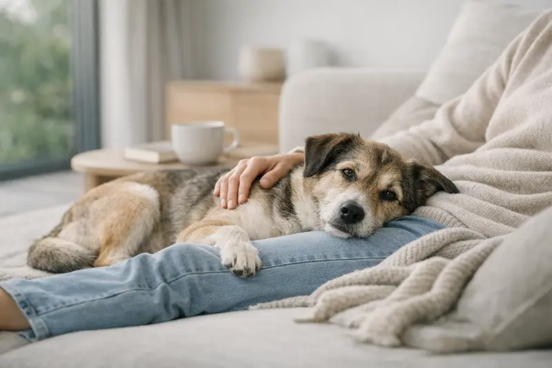 Ein Hund entspannt mit seinem Halter im Alltag und symbolisiert Sicherheit und Nähe.