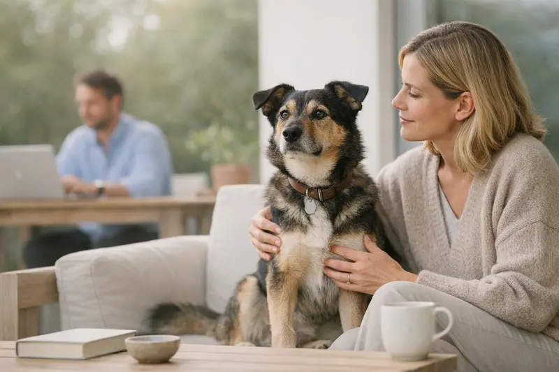 Ein glücklicher Hund zusammen mit seinem Halter im Grünen, der Sicherheit und Vertrauen ausstrahlt.