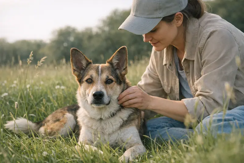 Ein brauner Hund liegt auf grünem Gras und genießt die Sonne, was die Bedeutung von Zecken- und Milbenschutz verdeutlicht.