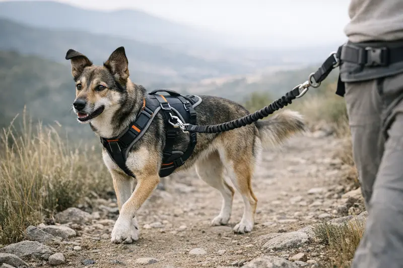 Ein Hund im Zuggeschirr mit Hüftgurt erkundet das Gelände und symbolisiert Sicherheit beim gemeinsamen Abenteuer.