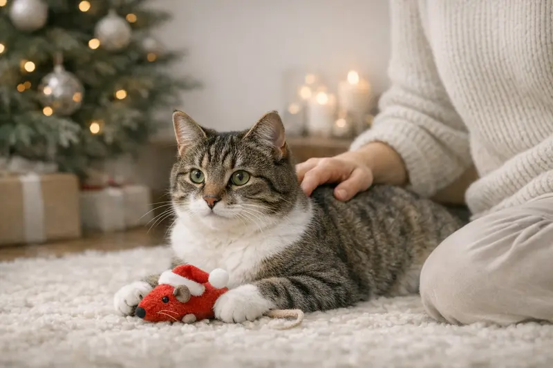Eine entspannte Katze sitzt in einer festlich dekorierten Umgebung mit einem sicheren Spielzeug, das Wohlbefinden und Sicherheit ausstrahlt.