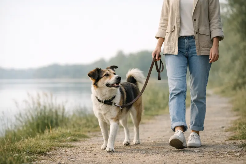 Ein entspannter Hund geht an lockerer Leine mit seinem Halter spazieren