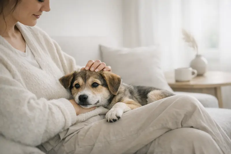 Ein süßer Welpe entspannt in einer ruhigen Umgebung und symbolisiert die Wichtigkeit einer frühzeitigen Absicherung für Hundebesitzer.