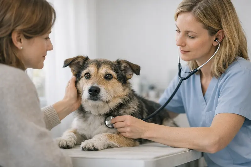 Ein Hund und eine Katze in einer ruhigen Tierarztpraxis während eines Gesundheitschecks.