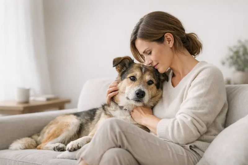 Ein Hund und eine Katze liegen entspannt auf einem Sofa und genießen die gemeinsame Zeit mit ihren Besitzern.