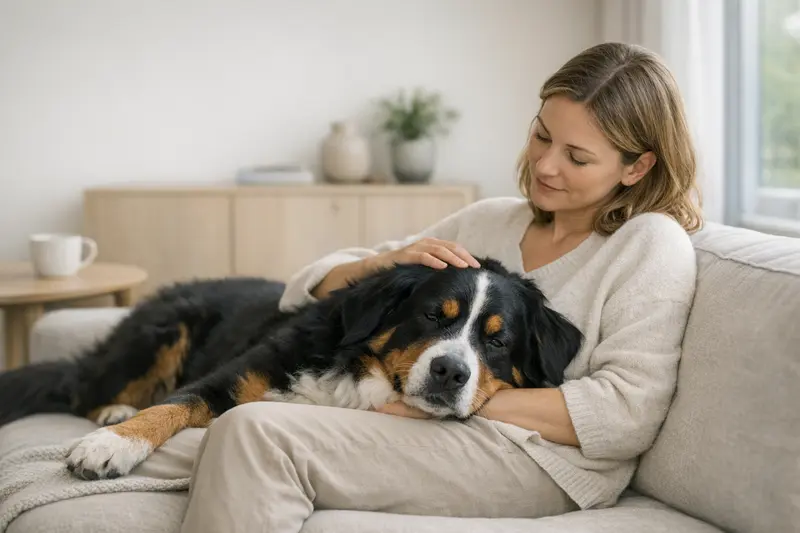 Ein Berner Sennenhund entspannt in seinem ruhigen Zuhause.