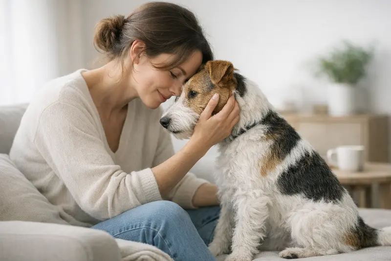 Ein temperamentvoller Foxterrier mit glattem Fell in einer Alltagsszene auf neutralem Hintergrund.