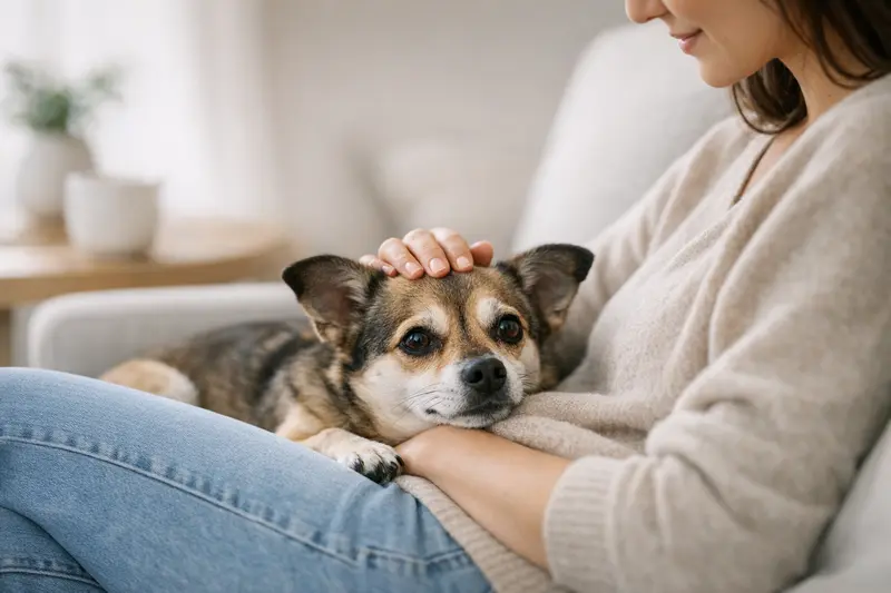 Ein Chihuahua entspannt in einer modernen Wohnung und genießt die Zeit mit seinen Besitzern.
