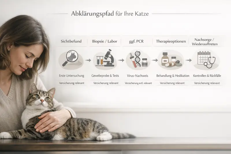 Infografik zeigt den Abklärungspfad für eine Katze von Sichtbefund über Biopsie bis zur Therapie und Nachsorge.