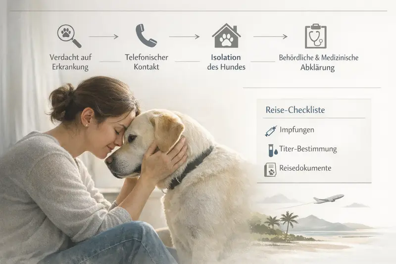 Infografik zum Ablauf bei Verdacht auf Krankheit bei Hunden, einschließlich Telefonkontakt und Isolation.