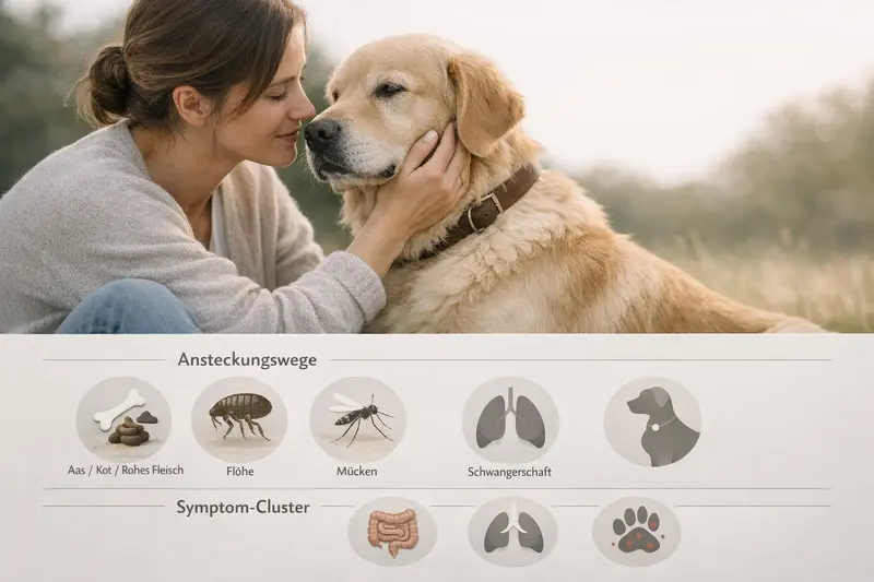 Infografik zu Ansteckungswegen für Hunde, einschließlich Aas, Kot, rohes Fleisch, Flöhe, Mücken und Symptome wie Darm-, Lungen- und Hautprobleme.