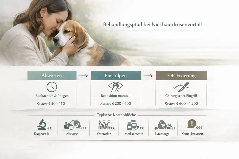 Infografik zu Behandlungspfaden bei Hundekrankheiten, einschließlich typischer Kostenblöcke.