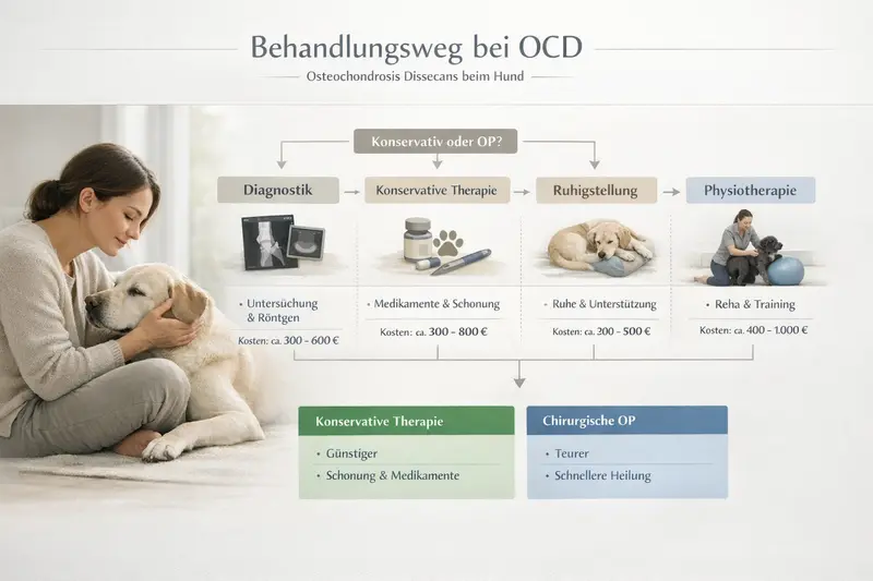Infografik zum Behandlungsweg bei OCD bei Hunden, inklusive Diagnostik, Behandlungsoptionen und Kosteninformationen.