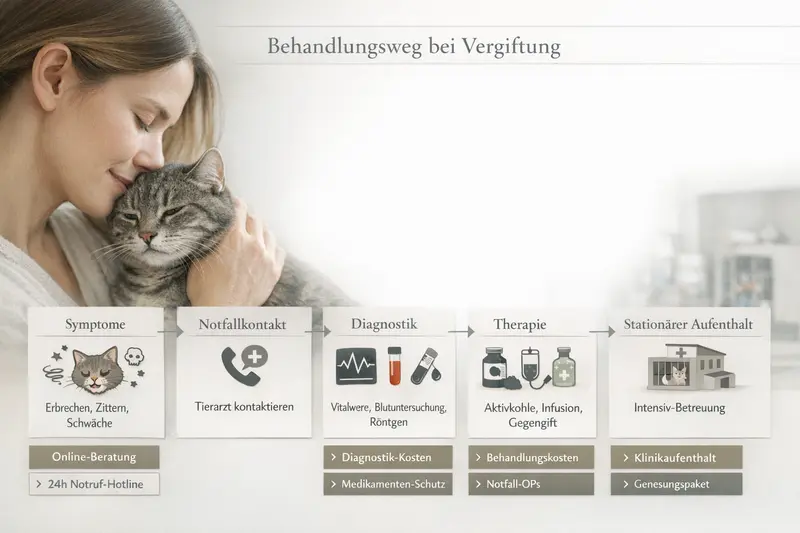 Infografik zeigt den Behandlungsweg bei Vergiftungen von Katzen, inkl. Symptome und Therapieoptionen.