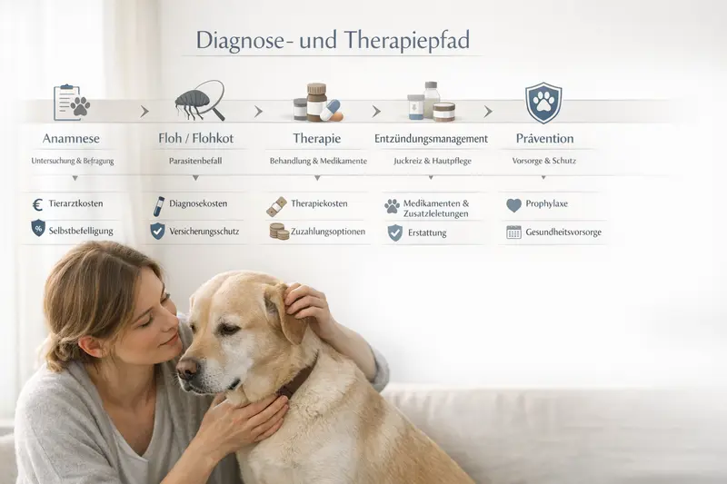 Infografik zum Diagnose- und Therapiepfad bei Hunden, von Anamnese bis Prävention.