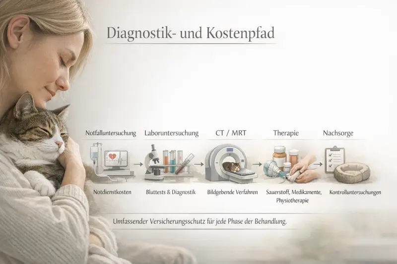 Infografik zum Diagnostik- und Kostenpfad für Katzen in Notfällen inklusive relevanter Versicherungsleistungen.