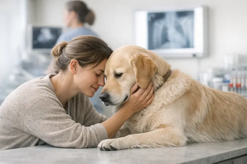 Infografik zum Diagnostikpfad für Hunde mit Anamnese, Untersuchung, Röntgen und Laboruntersuchungen.