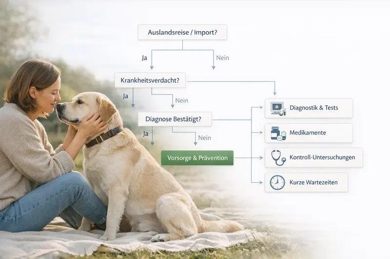 Infografik mit Entscheidungsbaum für Hundehalter zur Versicherungswahl bei Diagnosen und Verdachtsmomenten.