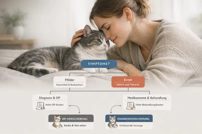 Infografik, die einen Entscheidungsbaum für Notfallhandlungen bei katzenmedizinischen Symptomen darstellt.