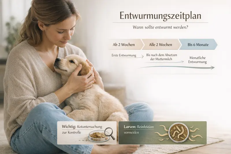Infografik zum Entwurmungszeitplan für Hunde mit wichtigen Hinweisen.