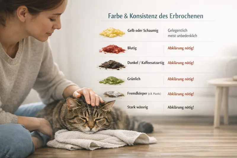 Infografik über die Farbe und Konsistenz von Katzen-Erbrochenem mit wichtigen Hinweisen zur veterinärmedizinischen Abklärung.