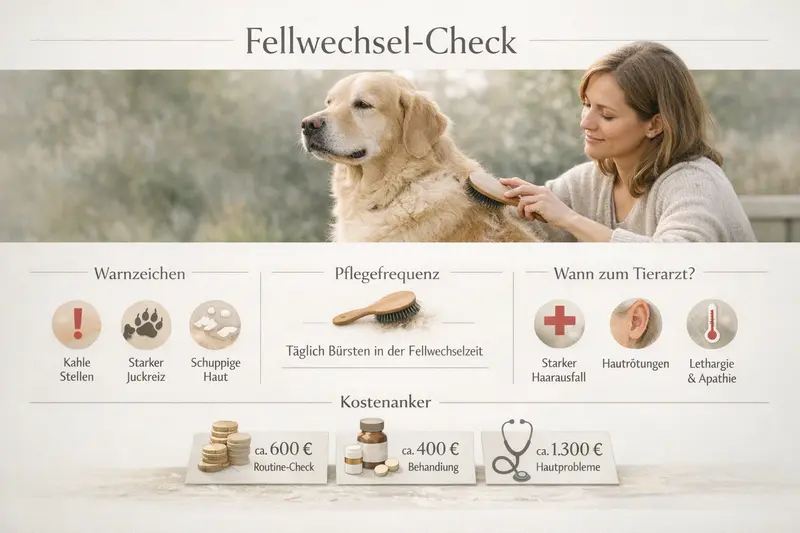 Infografik zum Fellwechsel-Check bei Hunden mit Warnzeichen und Pflegehinweisen.