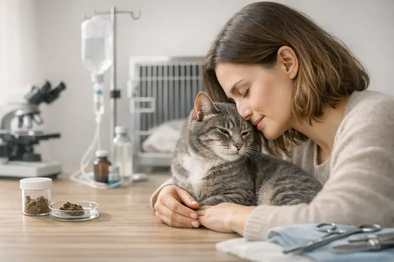 Infografik zu Versicherungsleistungen für Katzen bei Magen-Darm-Erkrankungen, einschließlich Diagnostik und Akutversorgung.