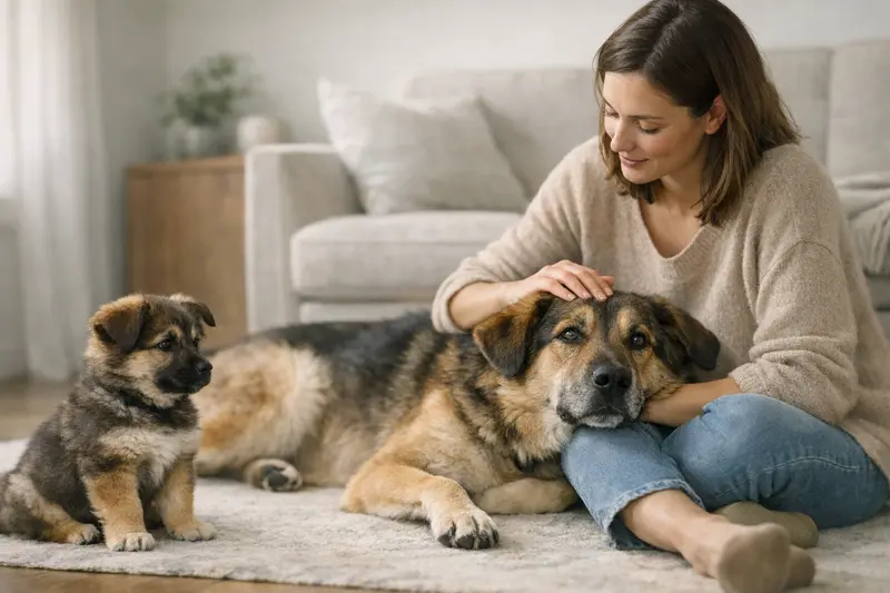 Infografik zur Zeit bis zur vollen Größe von Hunden, die Unterschiede zwischen Rassen mit kleinem und großem Endgewicht zeigt.