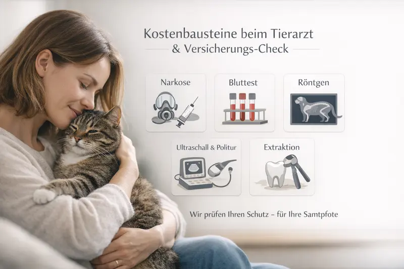 Infografik zeigt die Kostenbausteine für einen Tierarztbesuch bei Katzen, inklusive Narkose, Bluttest und Röntgen.