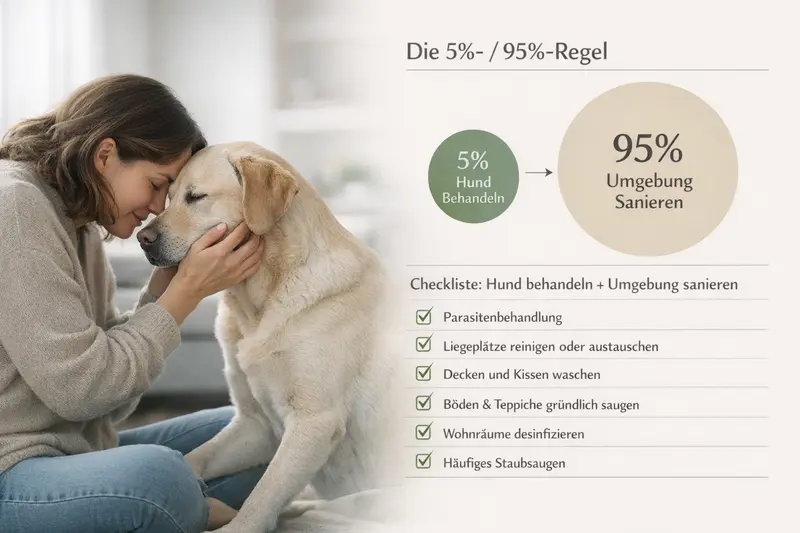 Infografik zur 5%-/95%-Regel mit Checkliste zur Behandlung von Hunden und Sanierung der Umgebung