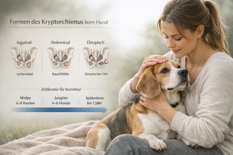 Infografik zeigt die verschiedenen Formen des Kryptorchismus bei Hunden: inguinal, abdominal und ektopisch.