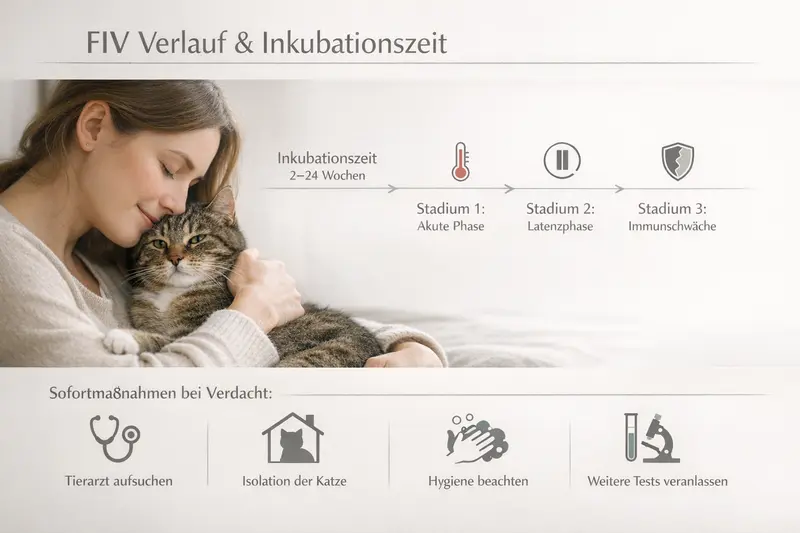 Infografik über den Verlauf einer Krankheit bei Katzen in drei Stadien mit Inkubationszeit und Sofortmaßnahmen.