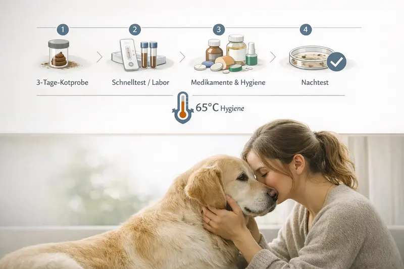 Infografik zur Untersuchung von Hundekot in vier Schritten mit Hygienemaßnahmen.