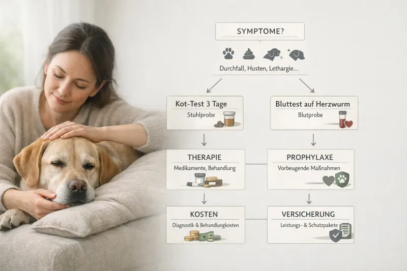 Entscheidungsbaum zur Tiergesundheit von Hunden mit Symptomen, Tests und Therapien.