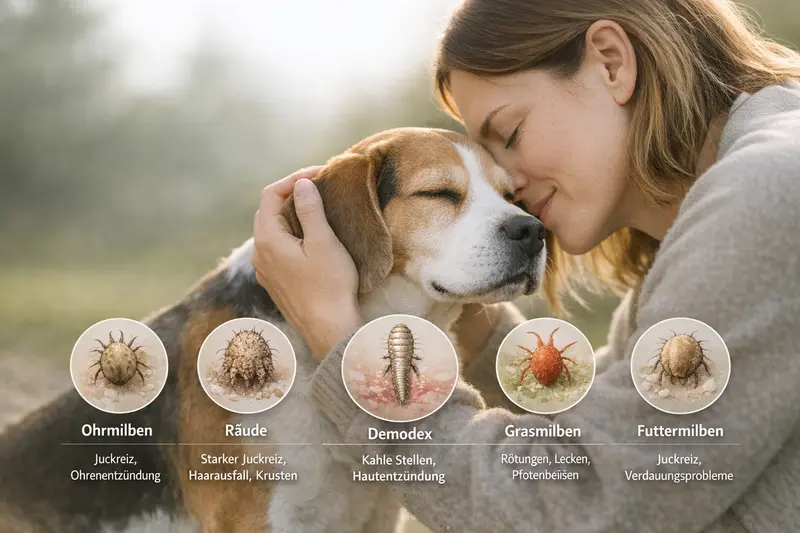 Infografik zu Milbenarten bei Hunden und deren Symptome wie Ohrmilben und Räude.