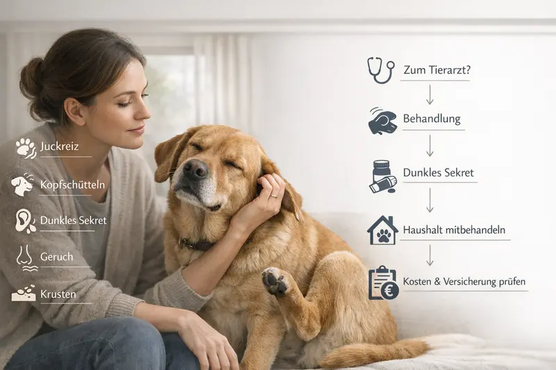 Ein Hund zeigt Symptome wie Juckreiz und Kopfschütteln, dargestellt in einer Infografik mit Entscheidungsweg zur Behandlung.