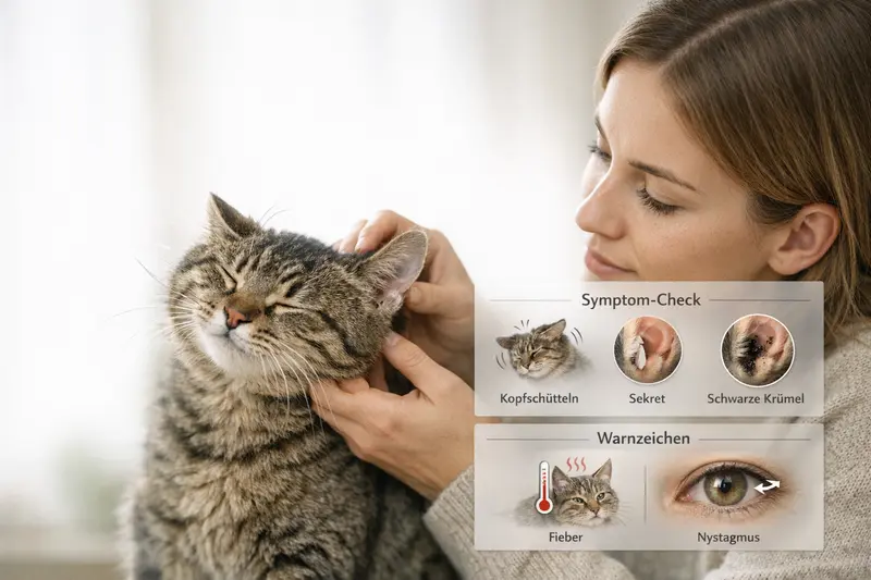 Eine Infografik zeigt Symptome bei Katzen wie Kopfschütteln, Sekret und schwarze Krümel sowie Warnzeichen wie Fieber und Nystagmus.