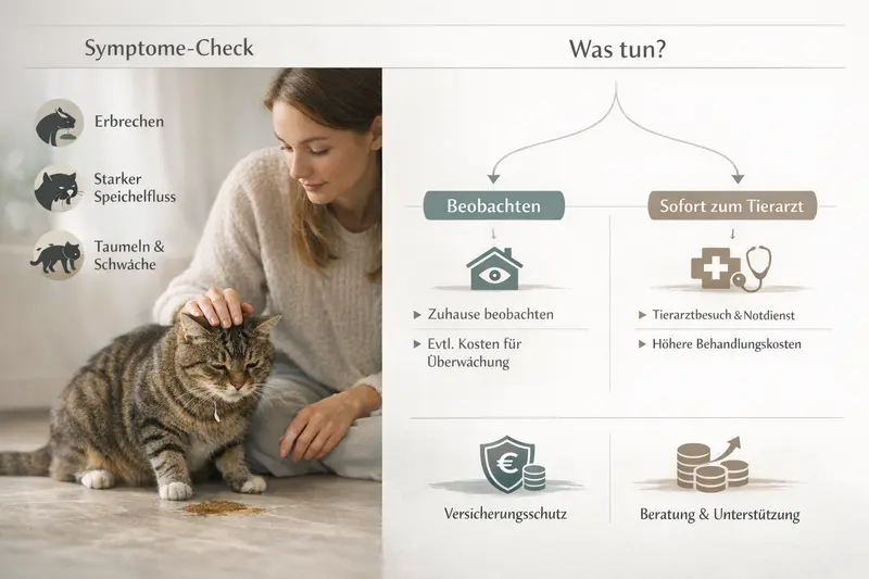 Infografik zur Überprüfung von Katzengesundheitssymptomen wie Erbrechen und Gleichgewicht.