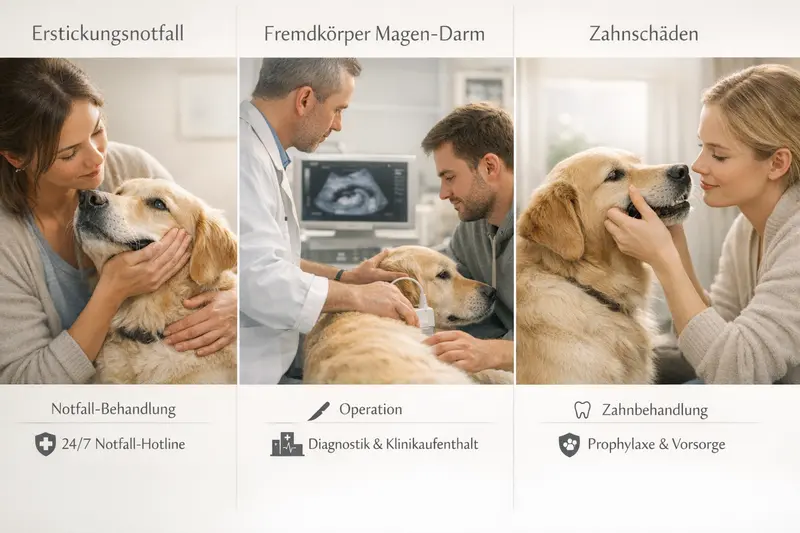 Infografik zur Kostenüberblick für Hunde bei Erstickungsnotfällen, Fremdkörpern im Magen-Darm-Trakt und Zahnschäden mit Versicherungsbausteinen.