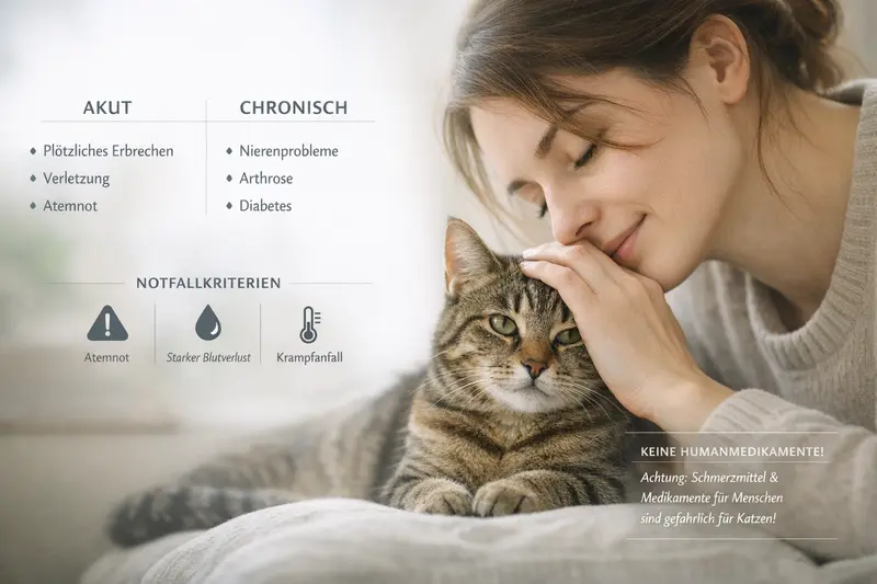 Infografik zeigt Unterschiede zwischen akuten und chronischen Erkrankungen bei Katzen sowie Notfallkriterien und Warnhinweise zu Humanmedikamenten.