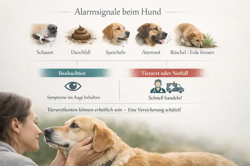 Infografik zur Erkennung alarmierender Symptome bei Hunden, wie Schaum, Durchfall und Atemnot, mit Handlungspfaden.