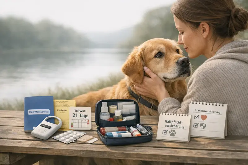 Infografik zur optimalen Reisevorbereitung für Hunde mit Dokumenten und Reiseapotheke.